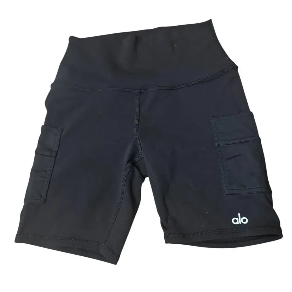 Alo Yoga High-Waist Biker Shorts Black Cargo Pocket Athletic 6.75” Inseam XS - Picture 2 of 4